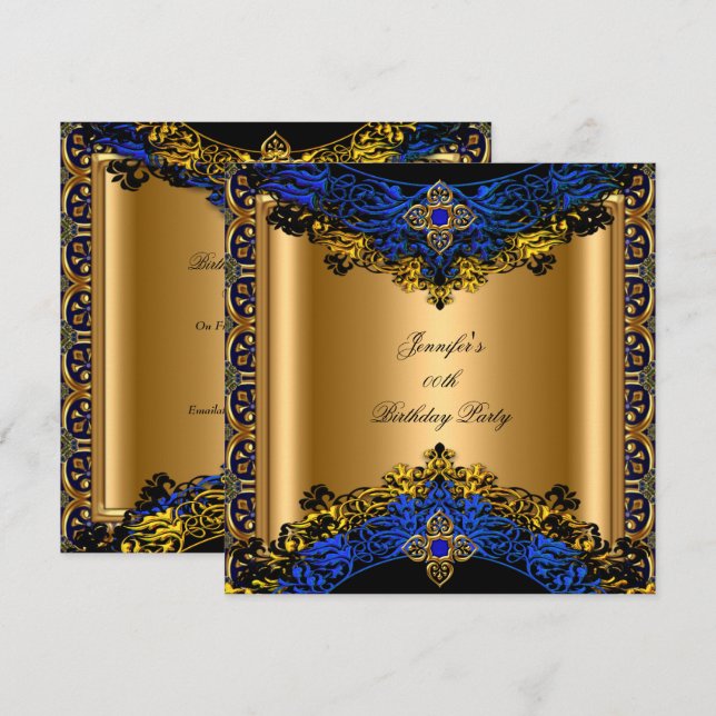 Invitación Élite Azul Real Dorado Negro Fiesta de Cumpleaños (Anverso / Reverso)