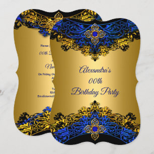 Invitación Élite Azul Real Joya Dorado Negro Fiesta de Cumple