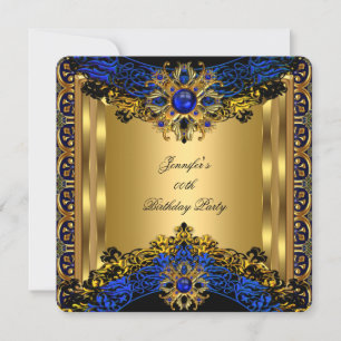 Invitación Élite Azul Real Joya Oro Negro Fiesta de Cumpleaño