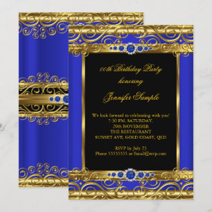Invitación Élite Azul Real Oro Damasco Cumpleaños Fiesta Perl