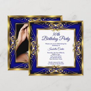 Invitación Élite Azul Real Perla Dorada Foto 30 cumpleaños