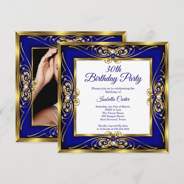 Invitación Élite Azul Real Perla Dorada Foto 30 cumpleaños (Anverso / Reverso)