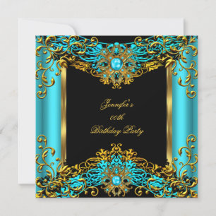 Invitación Élite Azul Turquesa Cumpleaños Fiesta Dorado Negro