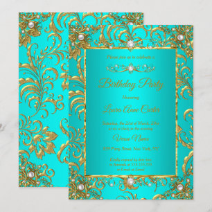 Invitación Élite Azul Turquesa Dorado Damasco Cumpleaños Fies
