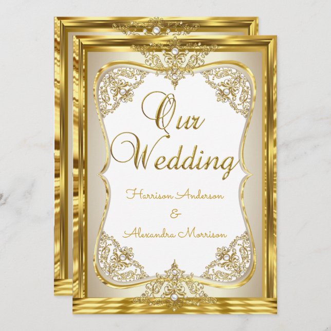 Invitación Elite Boda Gold White beige Cream Pearl (Anverso / Reverso)