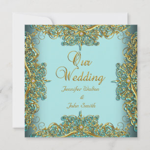 Invitación Élite Conjunto Azul Ornamentado Elegante Boda Oro