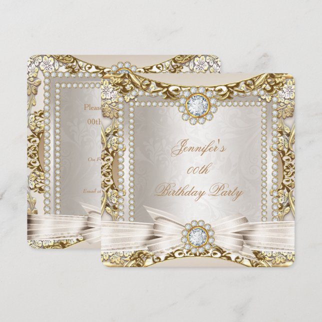 Invitación Elite Cream Gold Diamond Bow Damask Birday Party (Anverso / Reverso)