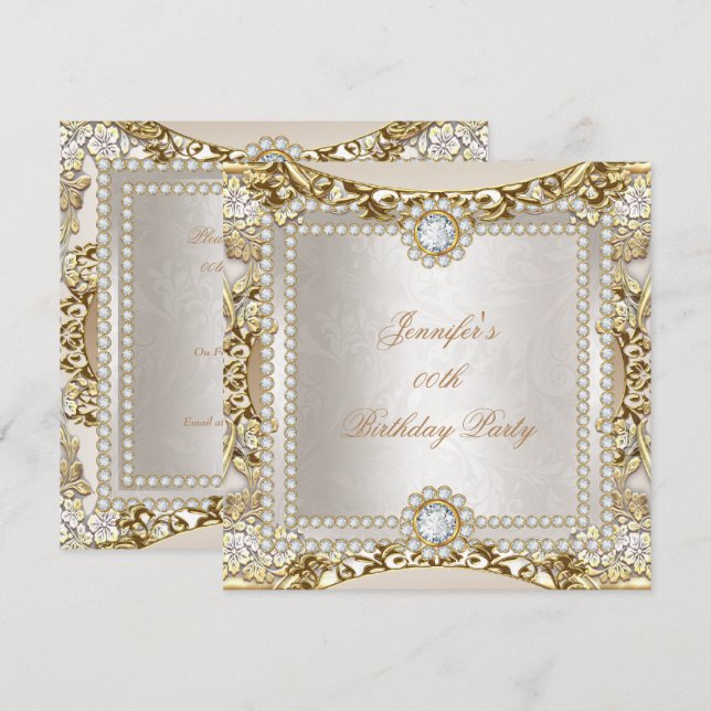 Invitación Elite Cream Gold Diamond Damask Birday Party (Anverso / Reverso)