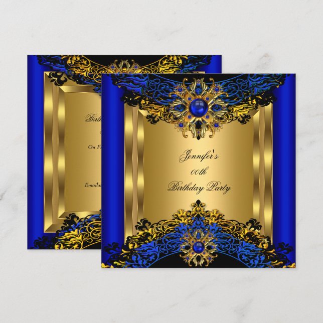 Invitación Élite Cumpleaños Fiesta Royal Azul Oro Negro 2 (Anverso / Reverso)