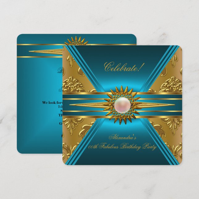 Invitación Élite Damask Azul Turquesa Dorado Floral Fiesta 2 (Anverso / Reverso)