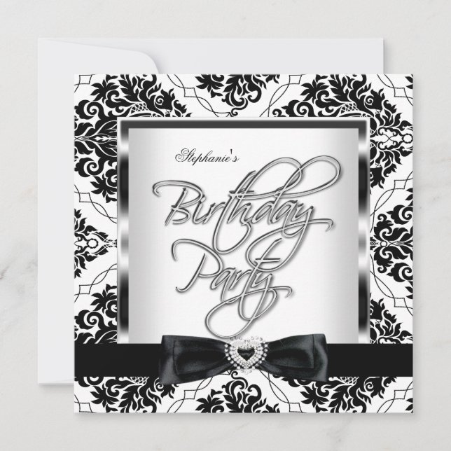 Invitación Elite Damask Silver Black White Birday Party (Anverso)