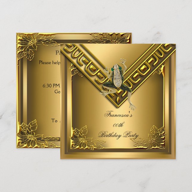 Invitación Elite de la Rana Dorada Fiesta de Cumpleaños Elega (Anverso / Reverso)