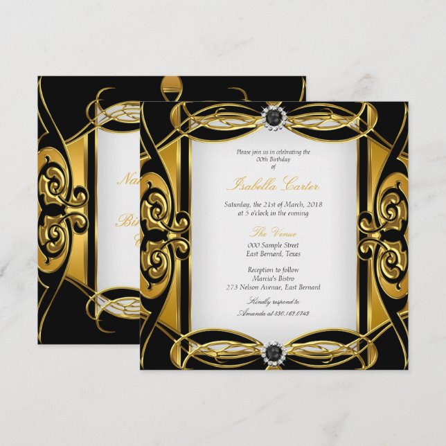 Invitación Élite Deco Perla Negra Blanca Fiesta de Cumpleaños (Anverso / Reverso)