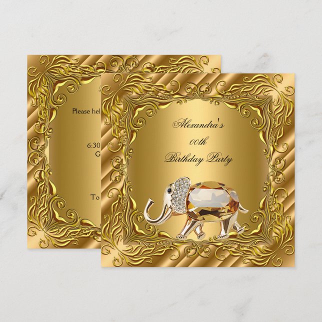 Invitación Elite Elefante Dorada Elegante Fiesta de Cumpleaño (Anverso / Reverso)