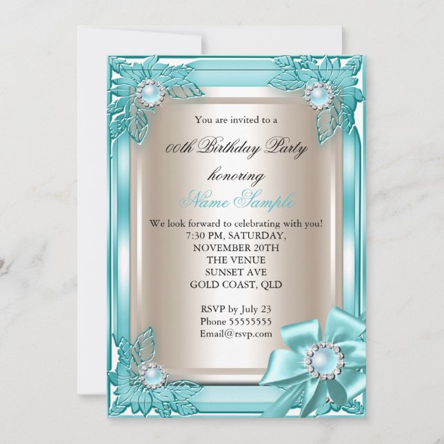 Invitación Elite Elegant Birthday Party Cream Verde azulado B (Anverso)