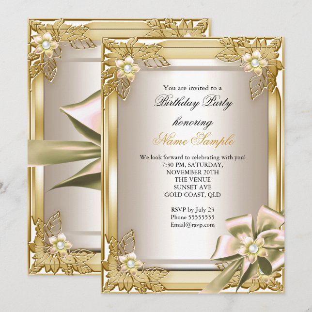 Invitación Elite Elegant Birthday Party Gold Cream Bow L (Anverso / Reverso)