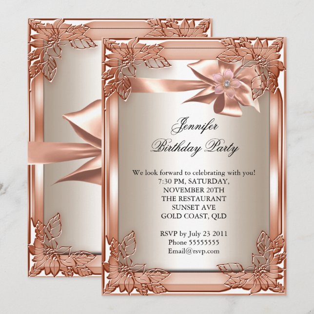 Invitación Elite Elegant Birthday Party Naranja Cream (Anverso / Reverso)