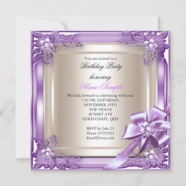 Invitación Elite Elegant Birthday Party Purple Cream Bow (Anverso)