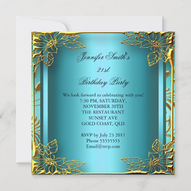 Invitación Elite Elegant Cumpleaños Verde azulado Oro Damasco (Anverso)