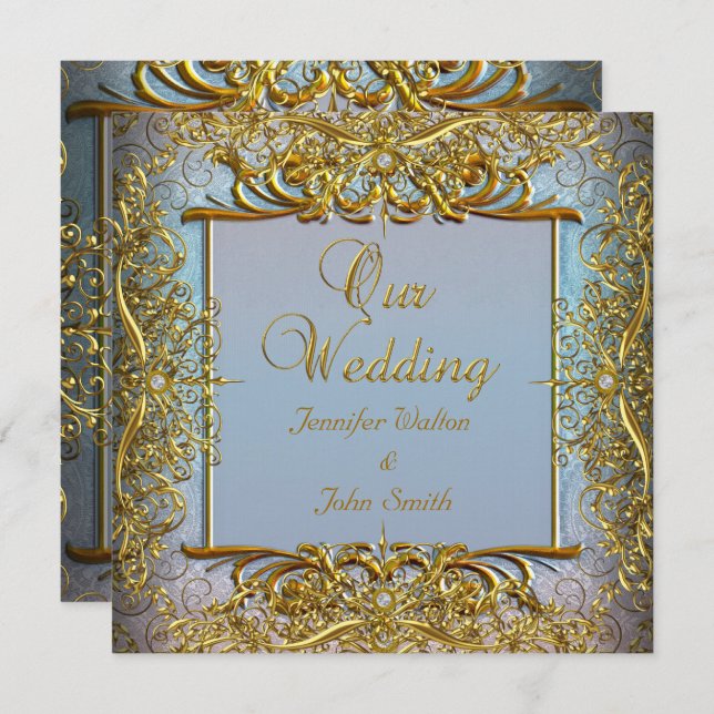 Invitación Elite Elegant Wedding Blue Set Beige Gold (Anverso / Reverso)