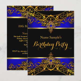 Invitación Élite Elegante Cumpleaños Azul Real Dorado Negro
