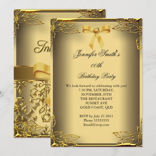 Invitación Élite Elegante Fiesta Oro Damask (Anverso / Reverso)