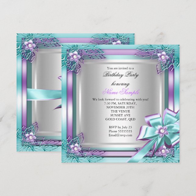 Invitación Elite Elegent Birthday Party Verde azulado Purple  (Anverso / Reverso)