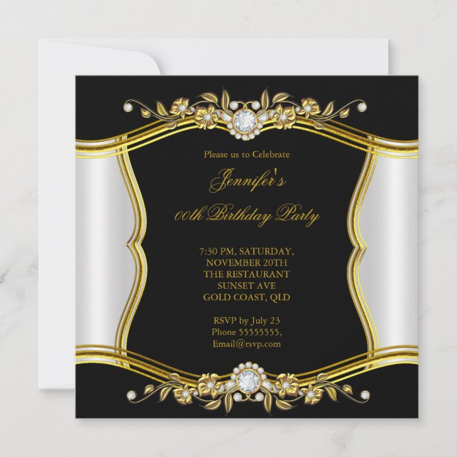 Invitación Elite Gold Black Floral Diamond Jewel Fiesta (Anverso)