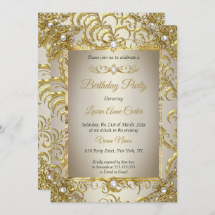 Invitación Elite Gold Damask Cream Pearl Birthday Party