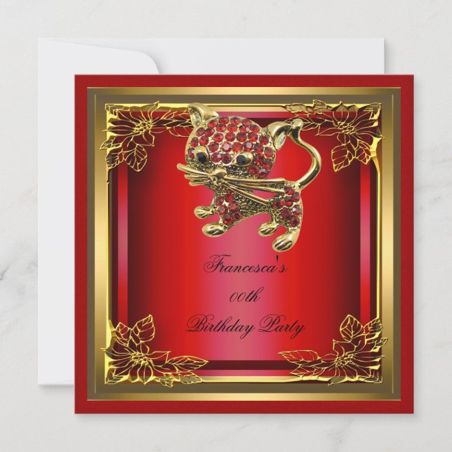 Invitación Elite Golden Cat Elegant Birthday Party Red (Anverso)