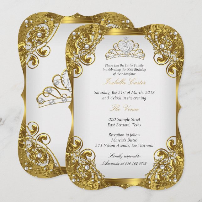 Invitación Elite Golden Pearl Lace Tiara Birthday Party (Anverso / Reverso)