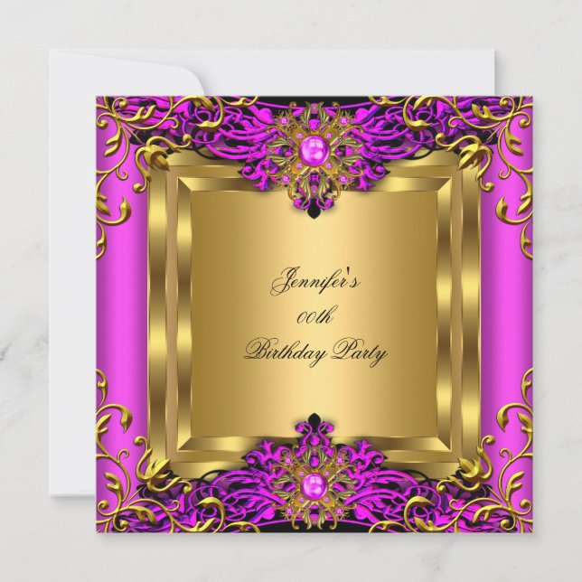 Invitación Elite Hot Pink Gem Gold Black Birday Party (Anverso)
