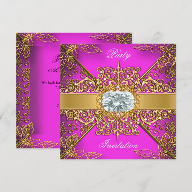 Invitación Elite Hot Pink Gold Damask Fiesta de cumpleaños (Anverso / Reverso)