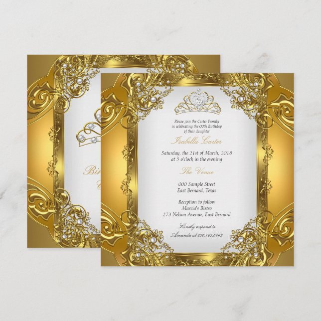 Invitación Elite Perla Blanca Dorada Lace Tiara Cumpleaños 2 (Anverso / Reverso)