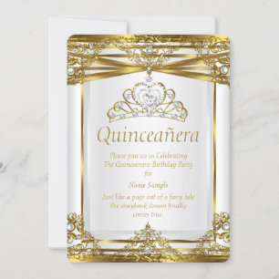 Invitación Elite Princesa Quinceañera Marco Dorado Perla Blan
