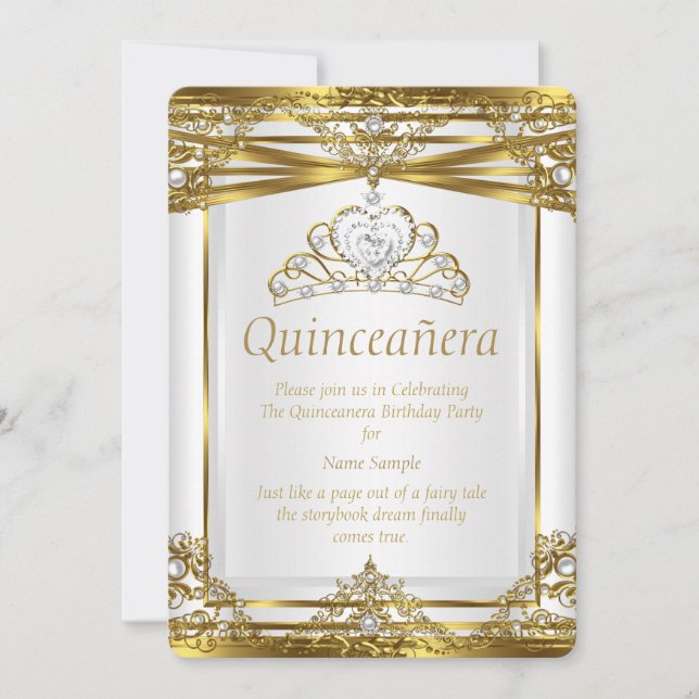 Invitación Elite Princess Quinceanera Gold White Pearl Frame (Anverso)