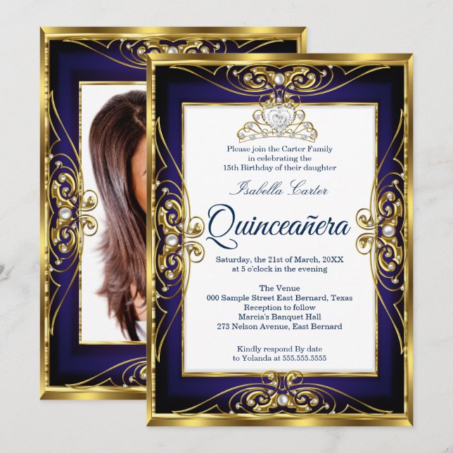 Invitación Elite Quinceanera 15ª foto de tiara azul de la Mar (Anverso / Reverso)