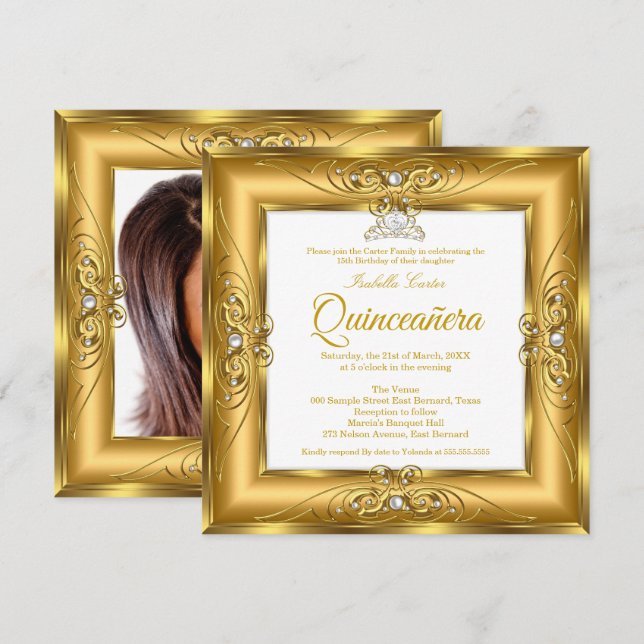 Invitación Elite Quinceanera 15ª Perla de Oro Tiara Foto (Anverso / Reverso)