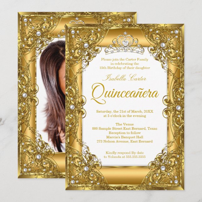 Invitación Elite Quinceanera 15th Gold Pearl Tiara Foto (Anverso / Reverso)
