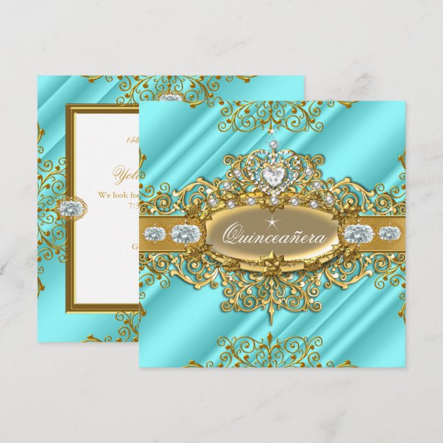 Invitación Elite Quinceanera Blue Verde azulada Silver Gold 1 (Anverso / Reverso)