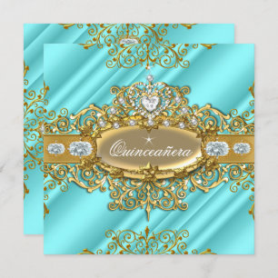 Invitación Elite Quinceanera Blue Verde azulada Silver Gold 1