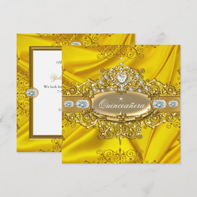 Invitación Elite Quinceanera Fiesta de oro de plata amarilla (Anverso / Reverso)