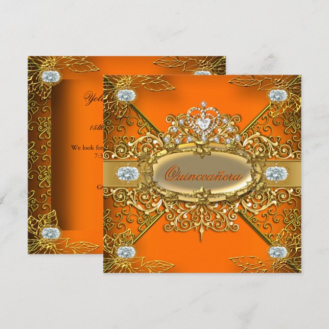 Invitación Elite Quinceanera Naranja Gold Damask 15º Fiesta (Anverso / Reverso)