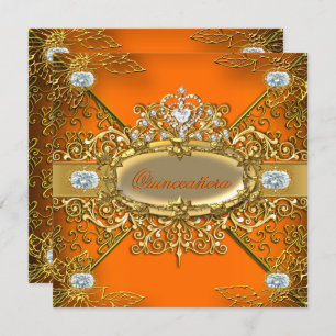 Invitación Elite Quinceanera Naranja Gold Damask 15º Fiesta