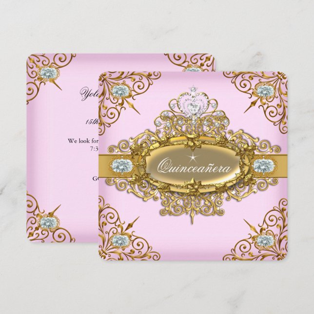 Invitación Elite Quinceanera Oro Rosa Damask 15º Fiesta (Anverso / Reverso)