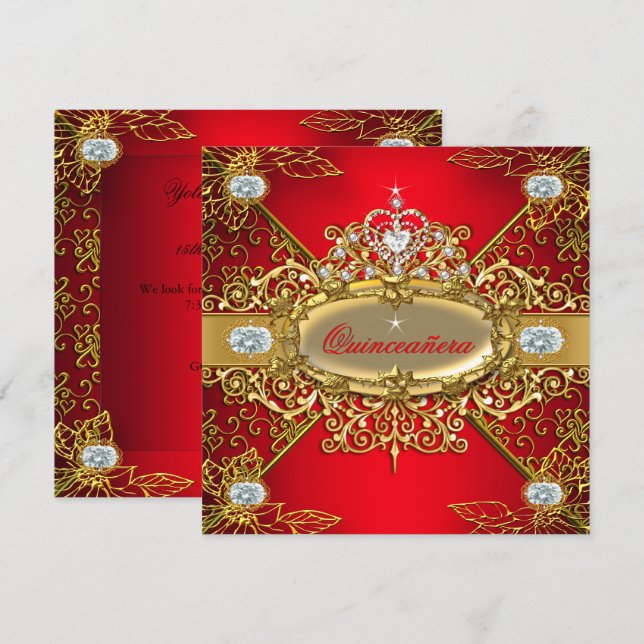 Invitación Elite Quinceanera Regal Red Gold Damask 15º Fiesta (Anverso / Reverso)