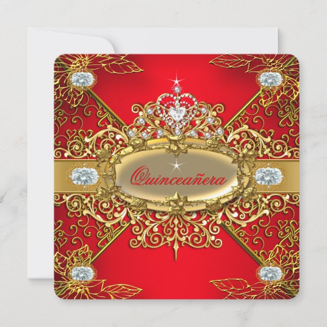 Invitación Elite Quinceanera Regal Red Gold Damask 15º Fiesta (Anverso)