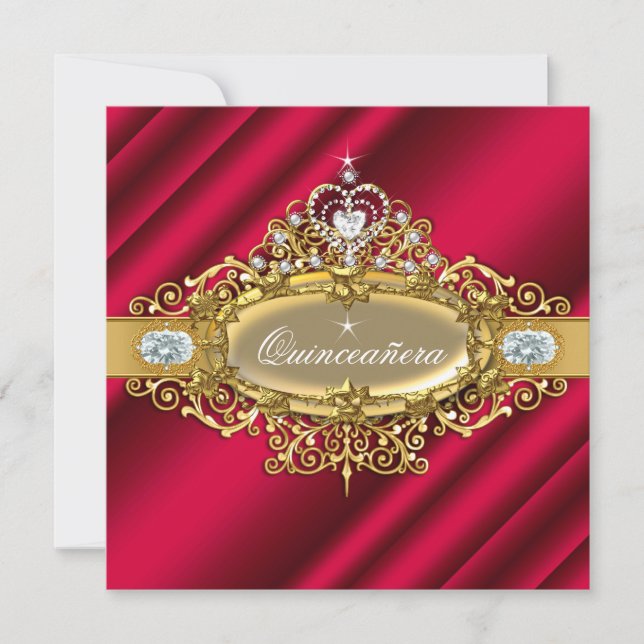 Invitación Elite Quinceanera Rich Red Gold Damask 15th Fiesta (Anverso)