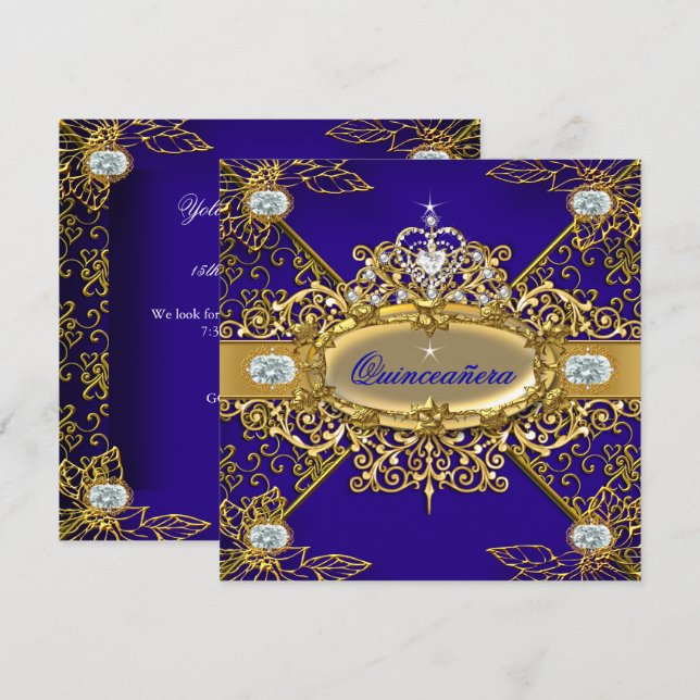 Invitación Elite Quinceanera Royal Blue Gold Damask 15 (Anverso / Reverso)