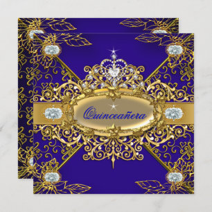Invitación Elite Quinceanera Royal Blue Gold Damask 15